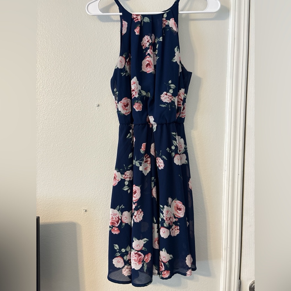 Blue Rain Navy Dress with Pink Floral Accents
